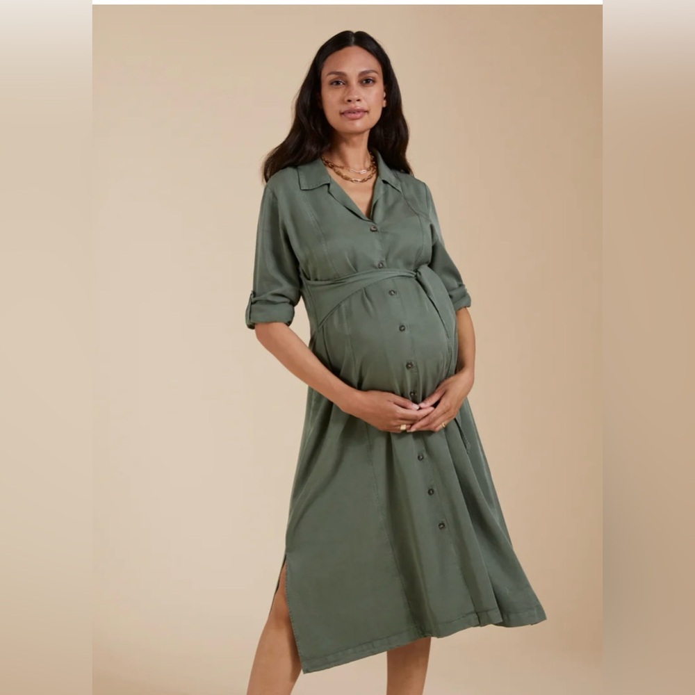 Isabella Oliver Kelsey Maternity & Nursing Dress, Olive Green Midi Shirt Dress - Picture 2 of 14